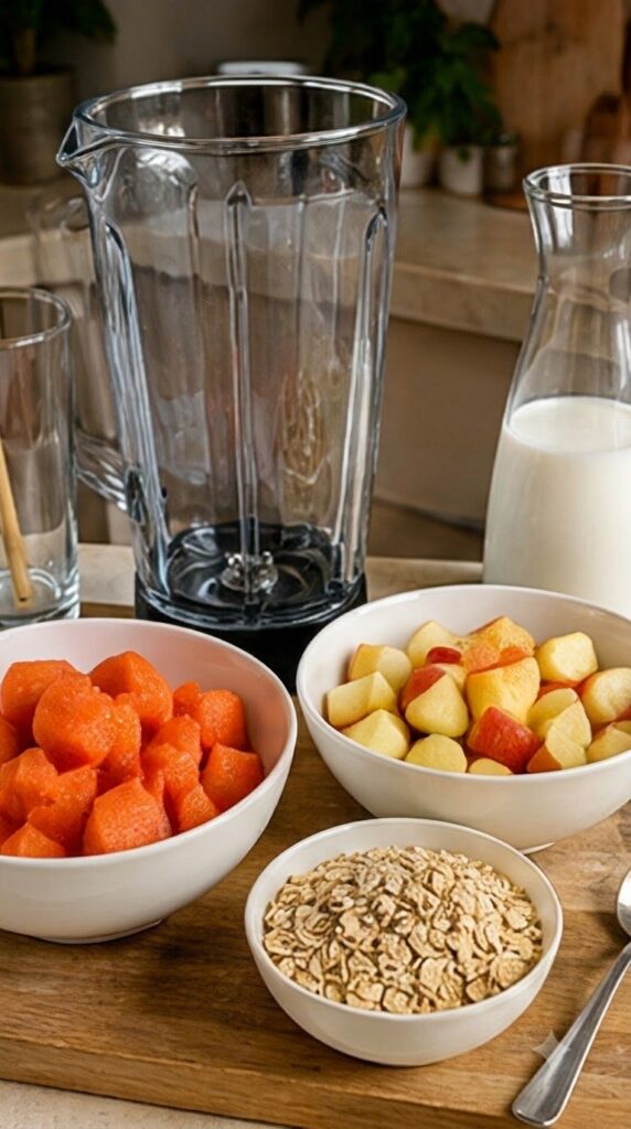 A tall clear glass filled with a creamy pale peach-pink papaya apple and oat smoothie A wooden straw is inside Around th
