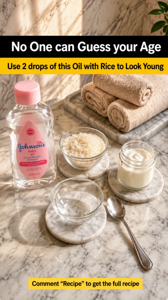 Ingredients for a beauty recipe a bottle of Johnson s baby oil a bowl of raw rice an empty glass bowl a jar of creamy wh
