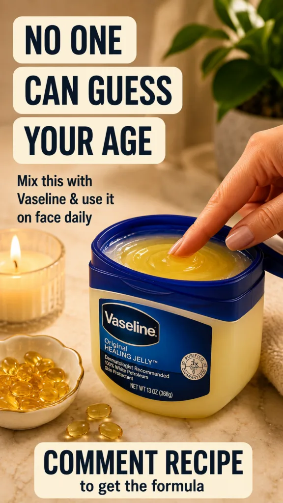 A beauty flat lay featuring a hand dipping into a large tub of Vaseline surrounded by a lit candle a small bowl of golde