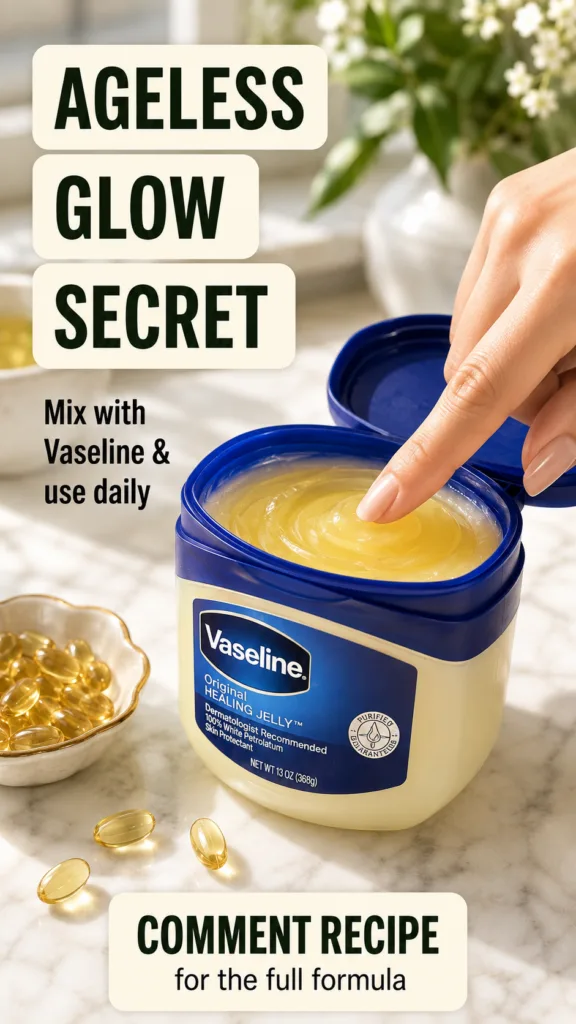 A hand gently touching a tub of Vaseline Original Healing Jelly with golden softgel Vitamin E capsules scattered on a li