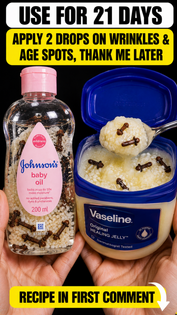 Hands holding a bottle of Johnson s baby oil and a tub of Vaseline both filled with white rice granules and whole cloves