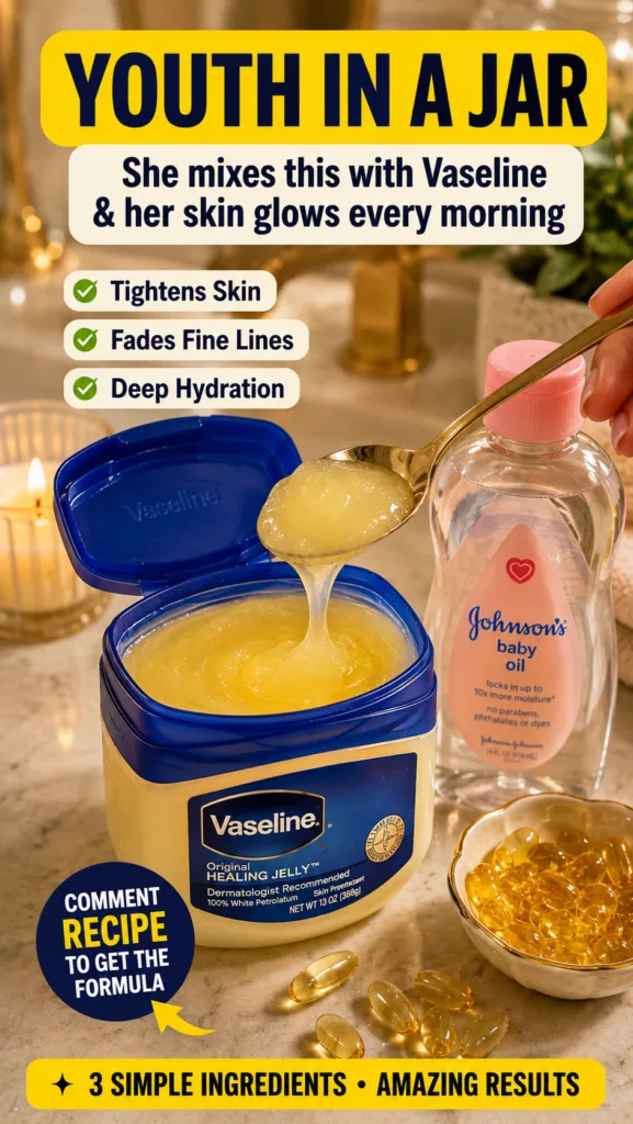 A home remedy setup with a large tub of Vaseline a bottle of Johnson s Baby Oil and vitamin E softgel capsules A golden
