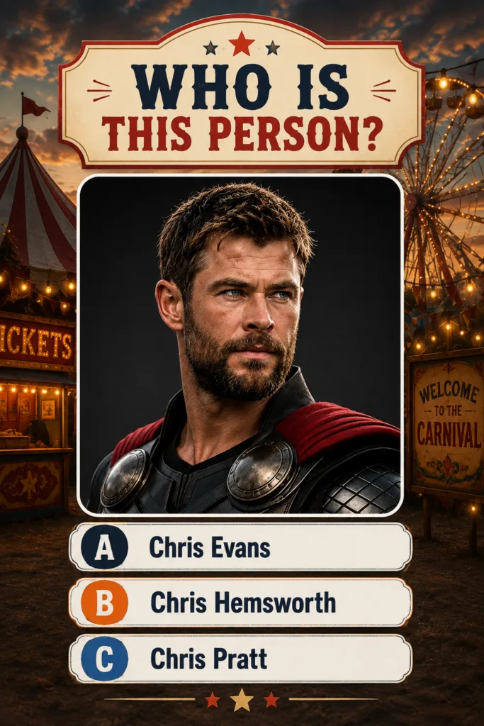 Chris Hemsworth as Thor in his iconic armor beard and red cape set against a dark background with a vintage carnival sce