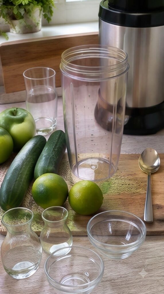 A clear glass filled with a bright green slightly pulpy apple cucumber and lime drink garnished with fresh cucumber slic