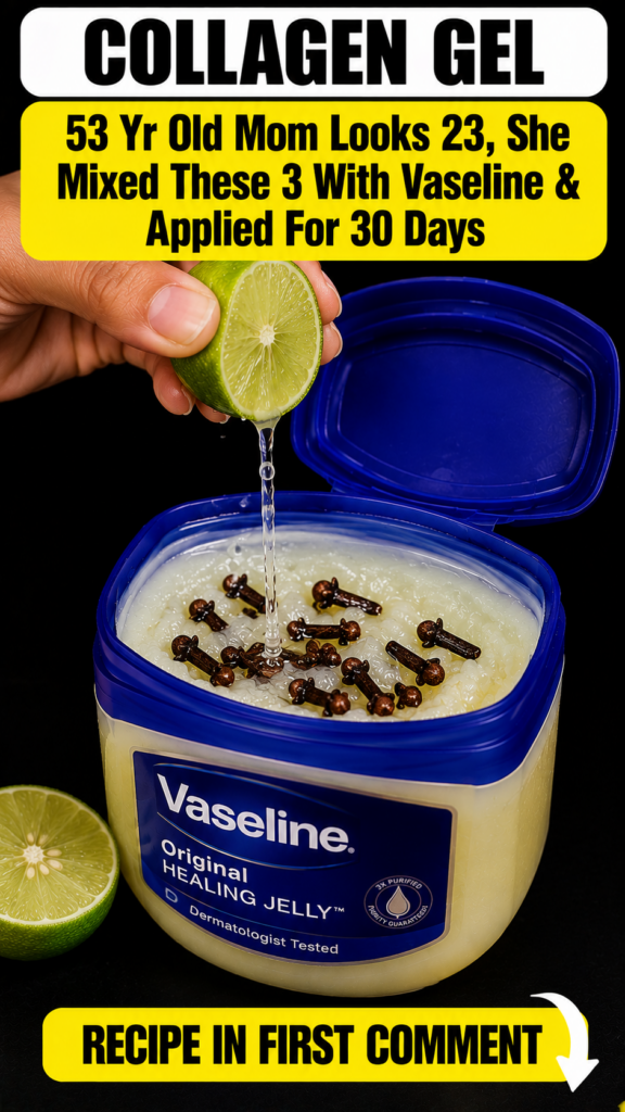 A hand squeezing a half lime with juice dripping into an open container of Vaseline petroleum jelly with cloves scattere