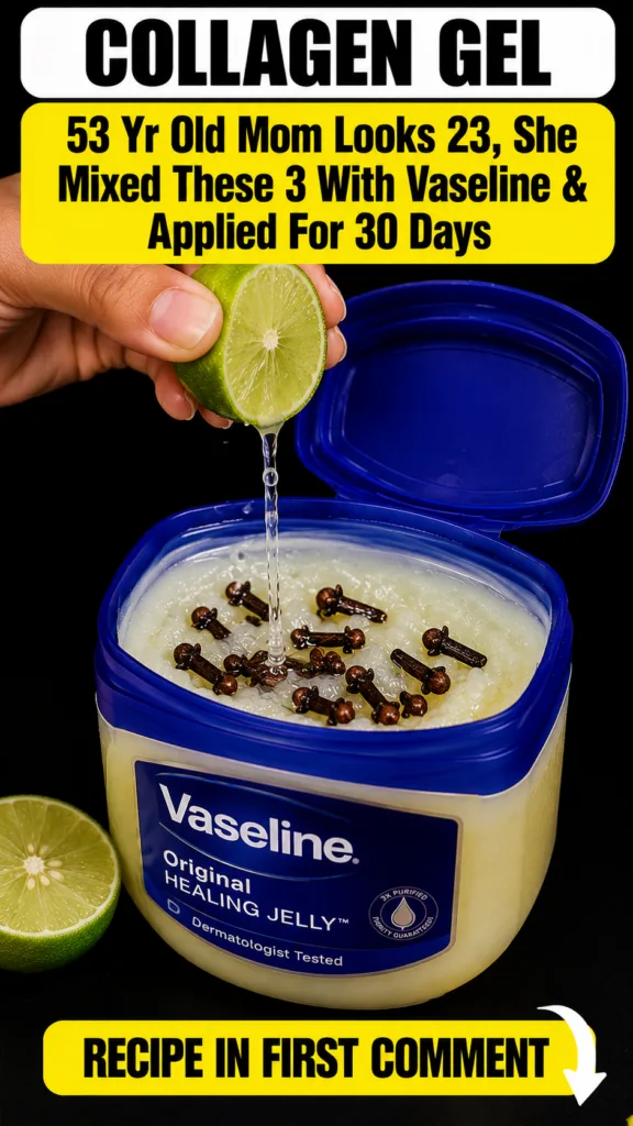 A hand squeezing a half lime with juice dripping into an open container of Vaseline petroleum jelly with cloves scattere