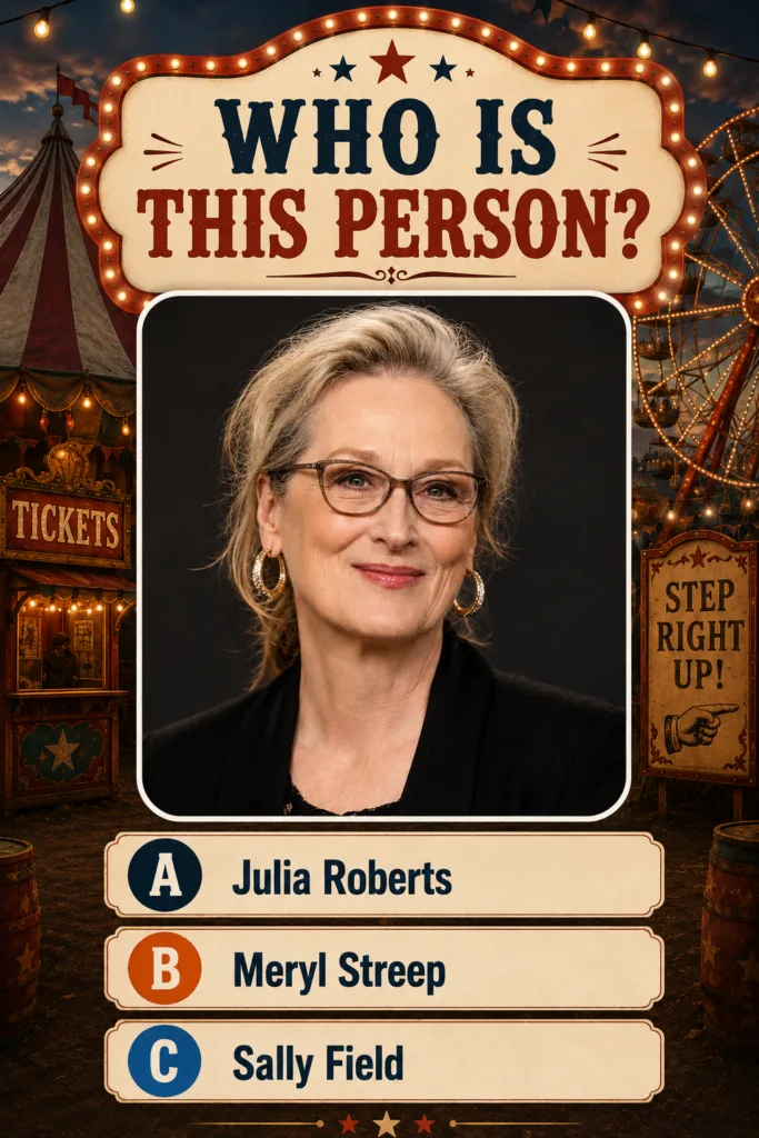 A multiple-choice quiz image featuring a headshot of Meryl Streep with a question WHO IS THIS PERSON and three answer op