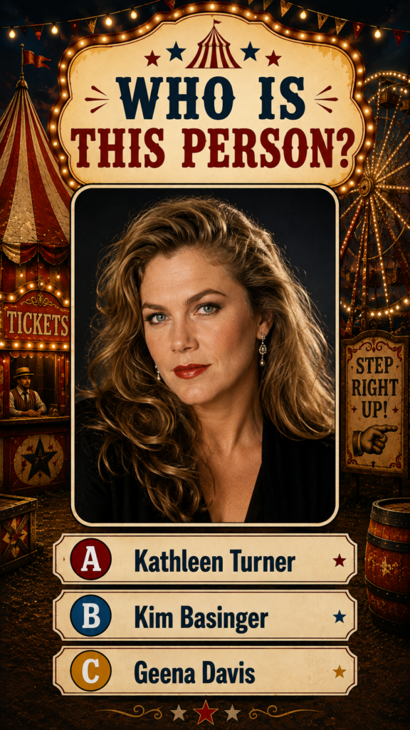 A highly stylized vintage-themed quiz graphic showing a headshot portrait of Kathleen Turner with wavy blonde hair and r