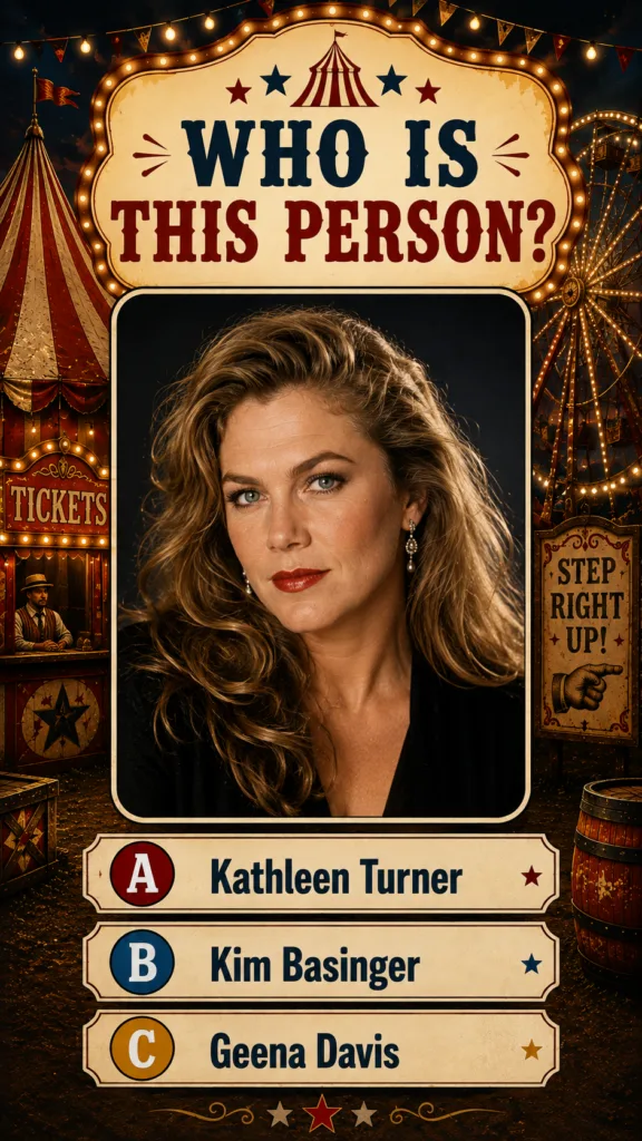 A highly stylized vintage-themed quiz graphic showing a headshot portrait of Kathleen Turner with wavy blonde hair and r