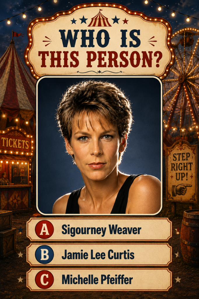 A quiz poster with a vintage carnival theme The central image is a portrait of Jamie Lee Curtis with the question WHO IS