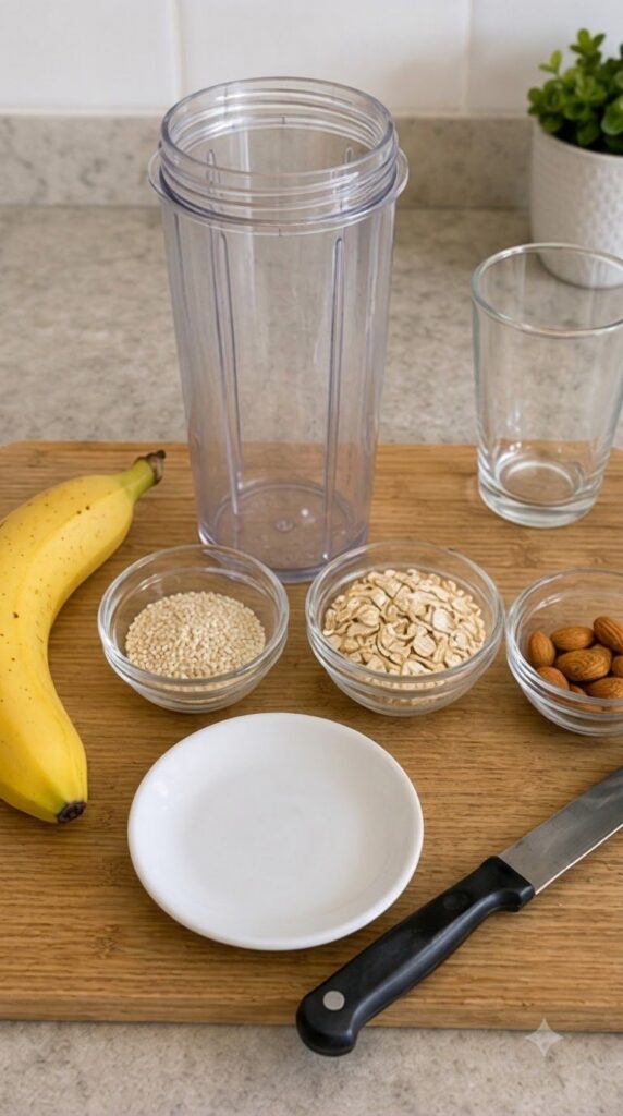 A creamy pale yellow smoothie in a clear glass on a wooden cutting board Next to it are a ripe banana a small bowl of se
