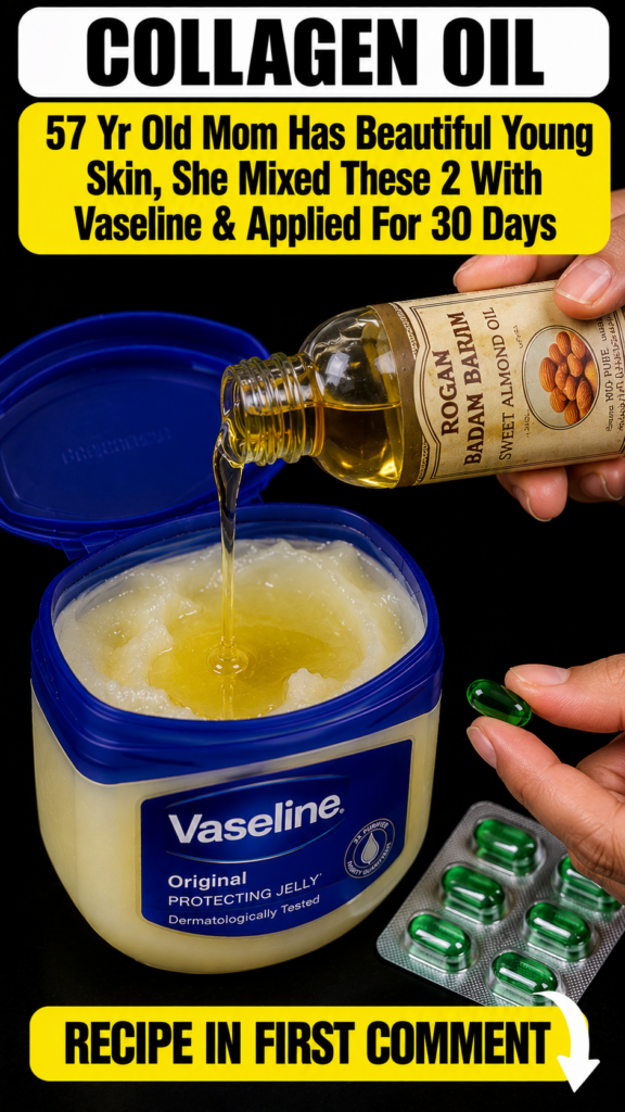 A close-up overhead view of a hand pouring Sweet Almond Oil into a large tub of Vaseline Original Protecting Jelly with 