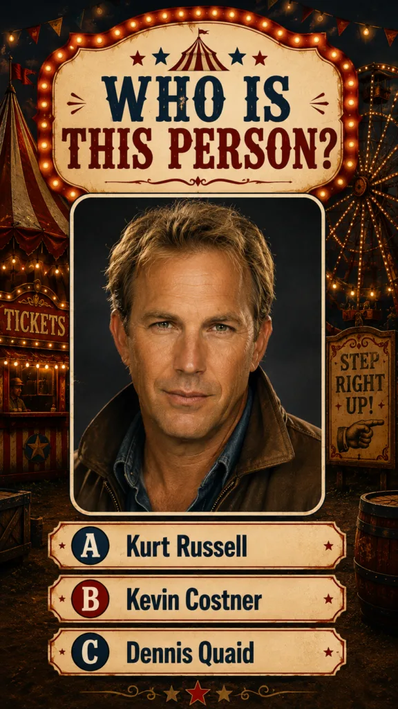 A quiz image featuring a headshot of actor Kevin Costner framed within a vintage carnival-themed graphic with the questi