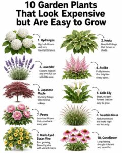 A beautiful lush garden featuring a variety of plants that look expensive but are easy to grow such as hydrangeas hostas