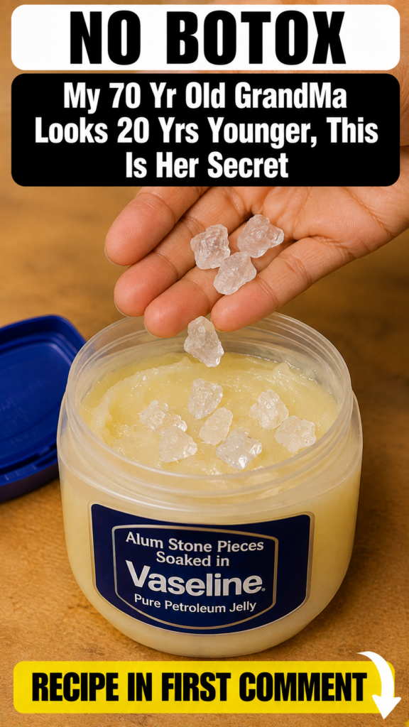 A hand holding clear crystalline alum stone pieces over an open jar of Vaseline which also contains alum stone The jar l