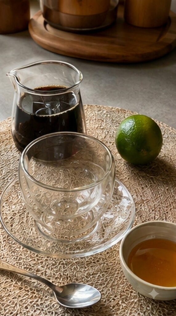 A clear double-wall glass coffee cup filled with dark almost black hot coffee A hand holds a half-squeezed fresh lime ov