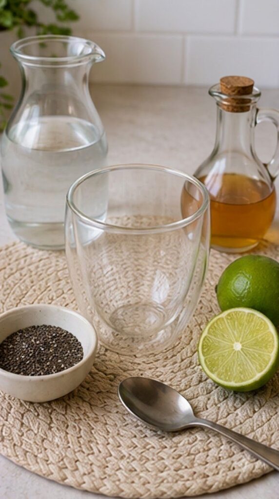 A clear double-wall glass filled with a light gray-green chia seed drink Hydrated chia seeds are suspended in the liquid
