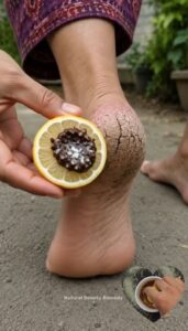 A bowl with fresh lemons granulated sugar and olive oil being mixed to create a foot scrub