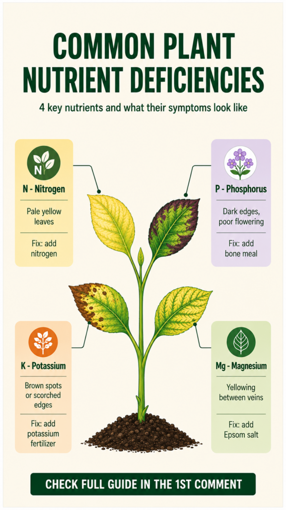 A well-structured infographic illustrating common plant nutrient deficiencies with a central plant displaying various le