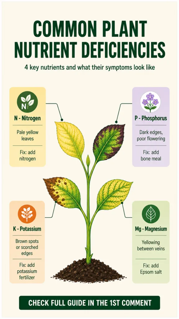 A well-structured infographic illustrating common plant nutrient deficiencies with a central plant displaying various le
