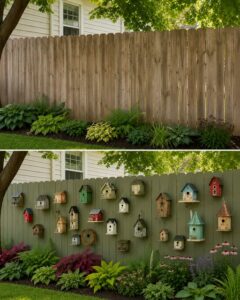 A beautiful wooden privacy fence transformed into a lush vertical garden with various plants in wall-mounted planters an