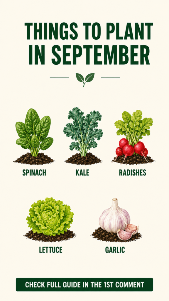 An infographic titled Things to Plant in September showing illustrations of spinach kale radishes lettuce and garlic