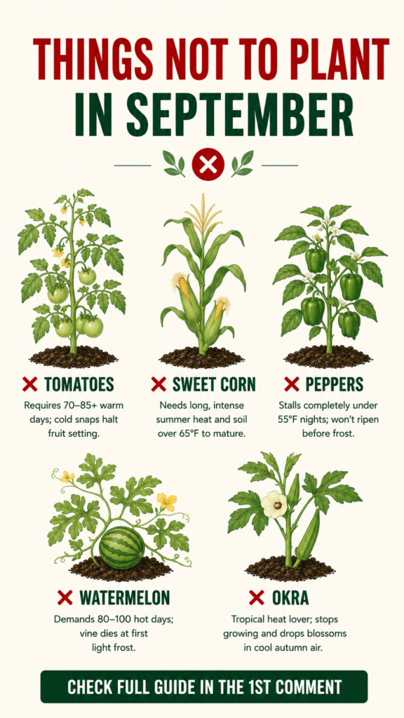 An informational graphic titled THINGS NOT TO PLANT IN SEPTEMBER showing illustrations of tomatoes sweet corn peppers wa
