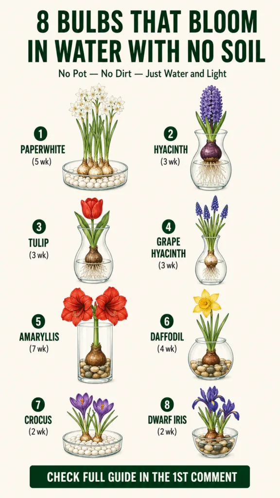 An informative graphic displaying 8 different flowering bulbs grown in clear glass containers with water labeled with th