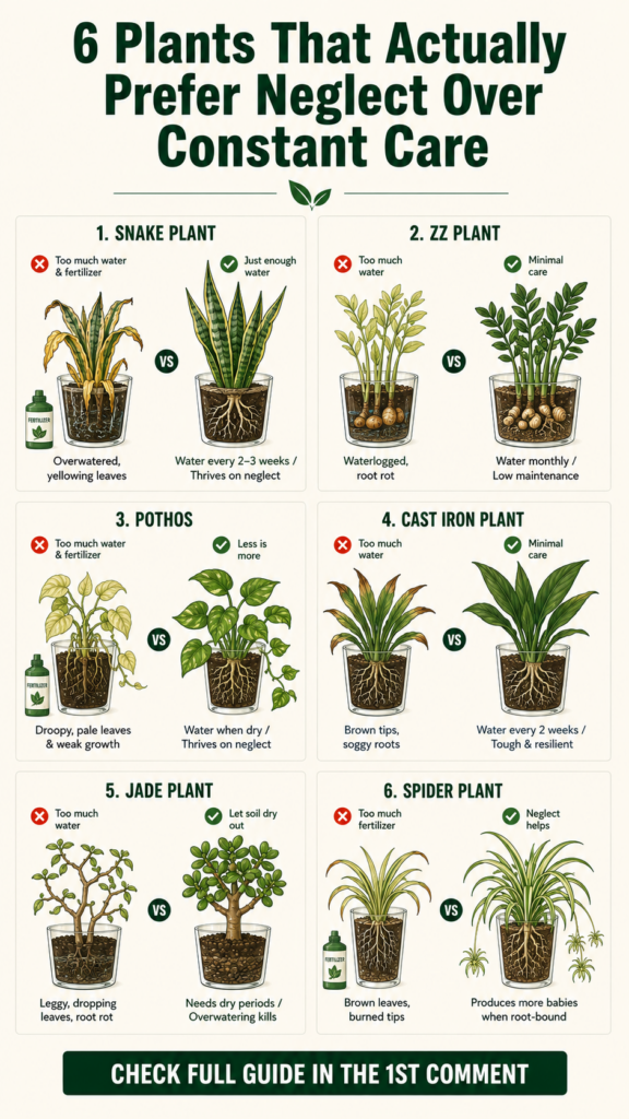 An infographic titled 6 Plants That Actually Prefer Neglect Over Constant Care showing pairs of plants one suffering fro