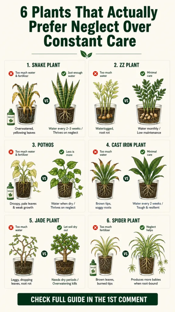 An infographic titled 6 Plants That Actually Prefer Neglect Over Constant Care showing pairs of plants one suffering fro