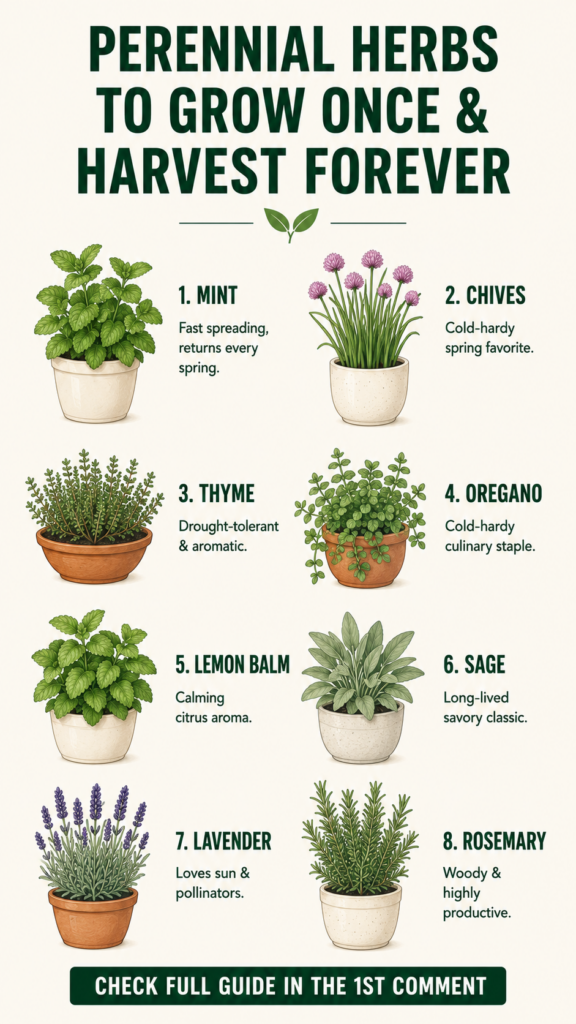 An infographic showing eight different perennial herbs in pots each with its name and a brief description arranged clean