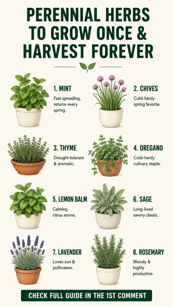 An infographic showing eight different perennial herbs in pots each with its name and a brief description arranged clean