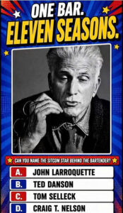 Retro-style quiz graphic with a black and white portrait of Ted Danson a red banner asking CAN YOU NAME THE SITCOM STAR 