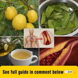 Fresh guava leaves and a cup of guava leaf tea on a rustic wooden table with a heart shape made of small leaves beside t