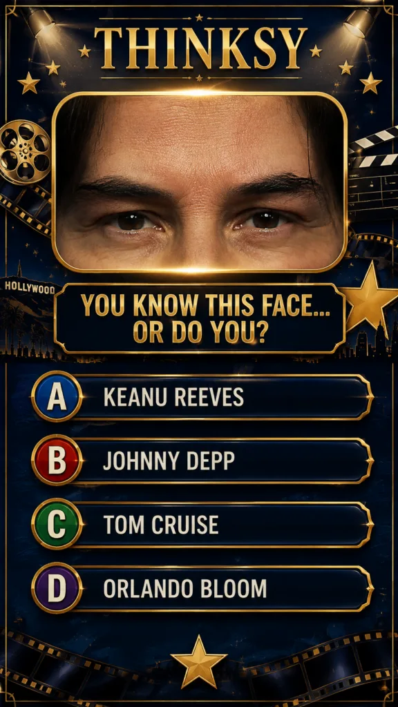 A movie-themed quiz interface featuring a close-up of a celebrity s eyes and forehead in a golden frame The background i