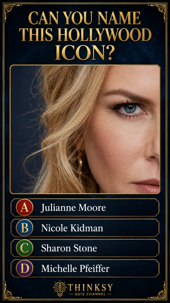 A quiz card showing a close-up half-face portrait of a blonde woman with blue eyes framed in ornate gold Her wavy blonde