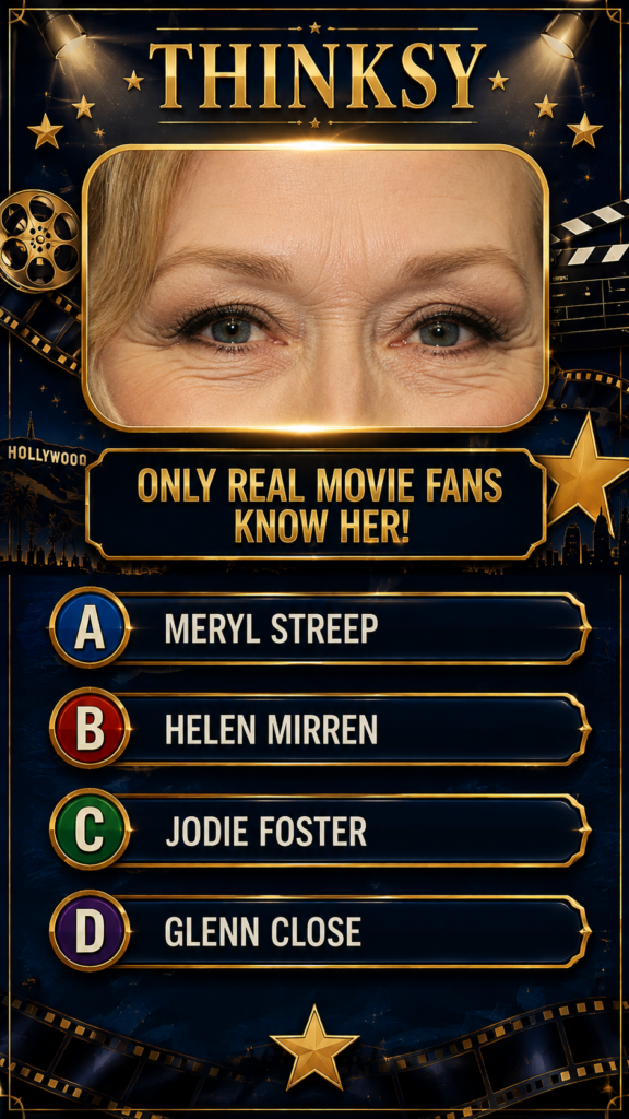 A movie trivia game interface showing a close-up of an iconic actress s eyes with golden cinematic elements in the backg