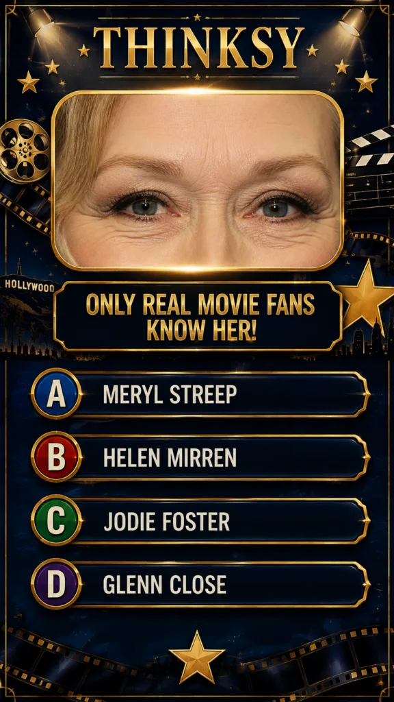 A movie trivia game interface showing a close-up of an iconic actress s eyes with golden cinematic elements in the backg