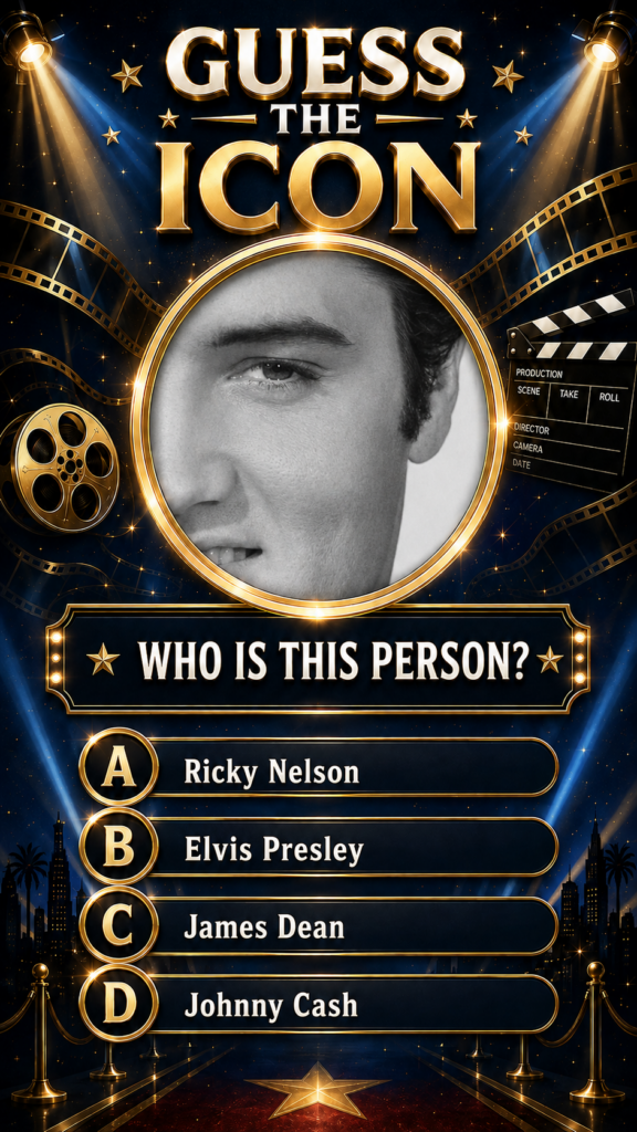 A black and white close-up of Elvis Presley s face partially obscured framed in gold The background is dark blue with sp