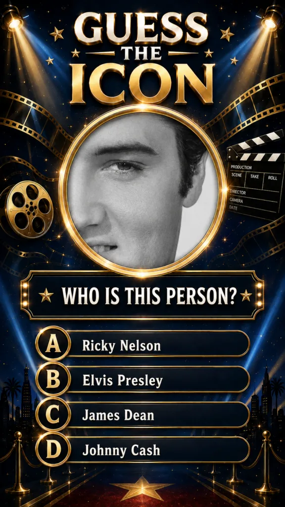 A black and white close-up of Elvis Presley s face partially obscured framed in gold The background is dark blue with sp