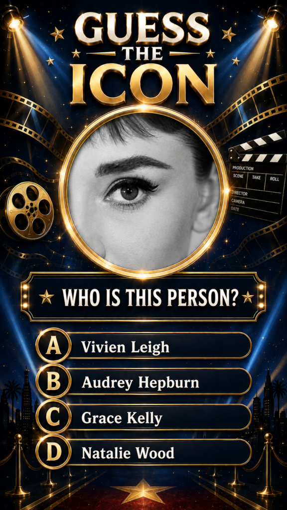 A black and white close-up of a female eye Audrey Hepburn s framed in gold set against a dark blue starry Hollywood-them