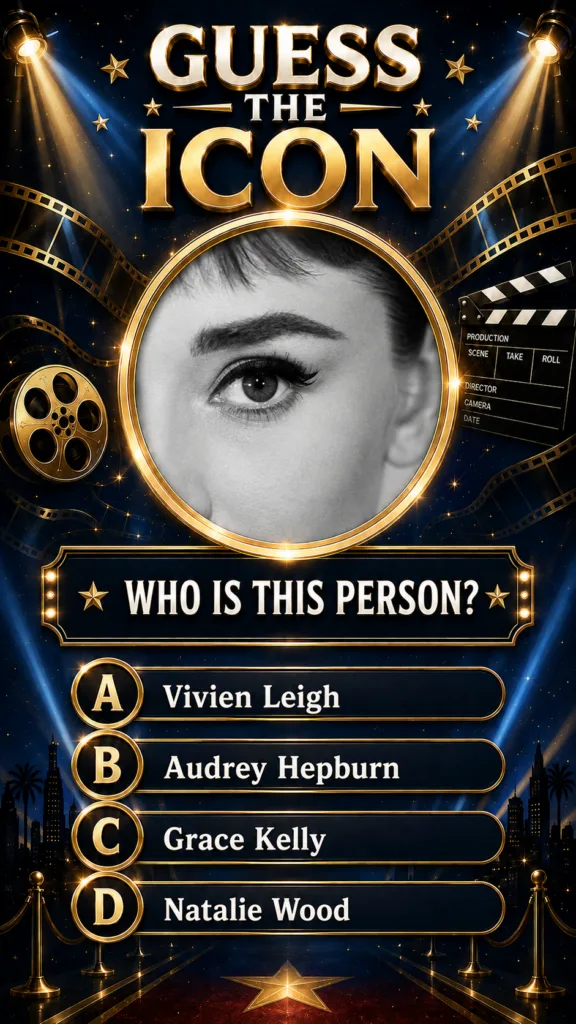 A black and white close-up of a female eye Audrey Hepburn s framed in gold set against a dark blue starry Hollywood-them