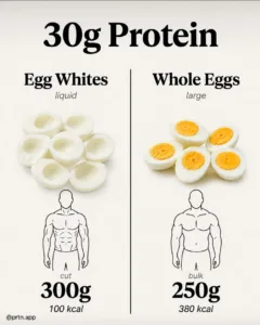 An infographic comparing egg whites and whole eggs showing protein content calories and benefits with visual elements li
