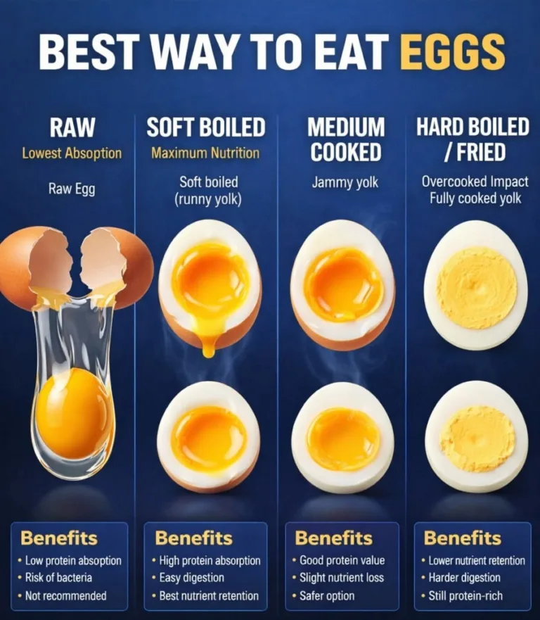 Infographic comparing raw soft-boiled medium cooked and hard-boiled fried eggs showing nutritional aspects and benefits