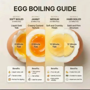 Infographic showing four cross-sections of boiled eggs at different stages of doneness soft jammy medium and hard Each e