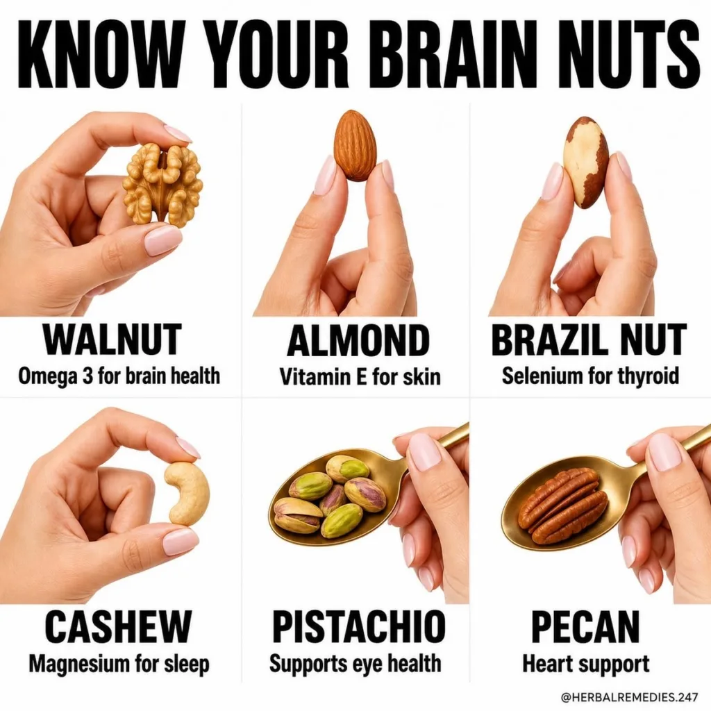 An infographic titled KNOW YOUR BRAIN NUTS showing six types of nuts walnut almond brazil nut cashew pistachio and pecan