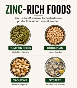 An infographic titled ZINC-RICH FOODS showing circular images of pumpkin seeds chickpeas cashews and oysters highlightin