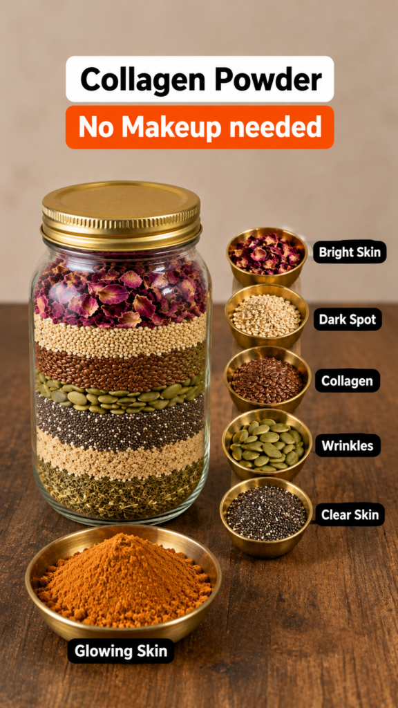 A large glass jar filled with distinct layers of natural dry ingredients like rose petals quinoa flax seeds pumpkin seed