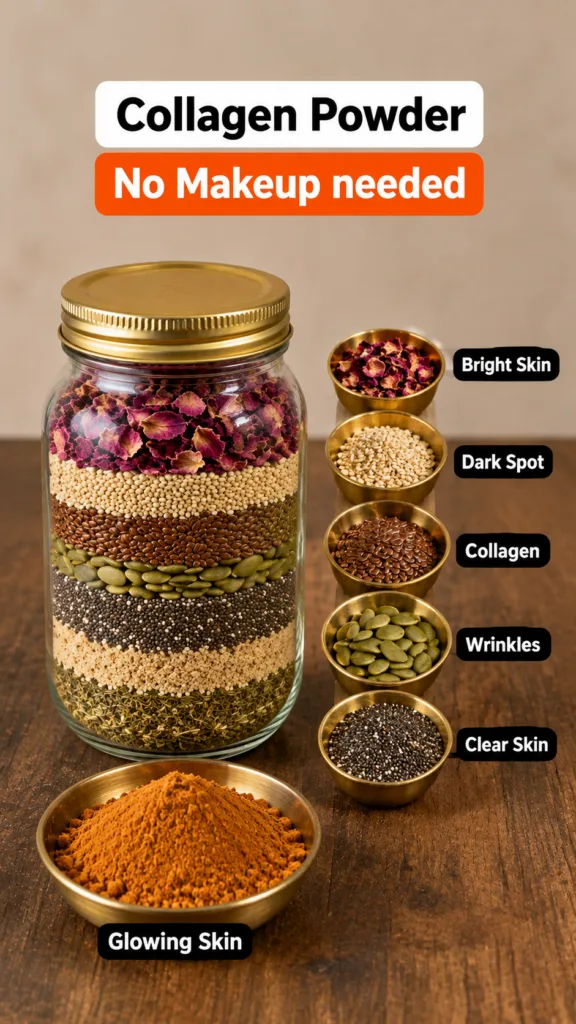 A large glass jar filled with distinct layers of natural dry ingredients like rose petals quinoa flax seeds pumpkin seed