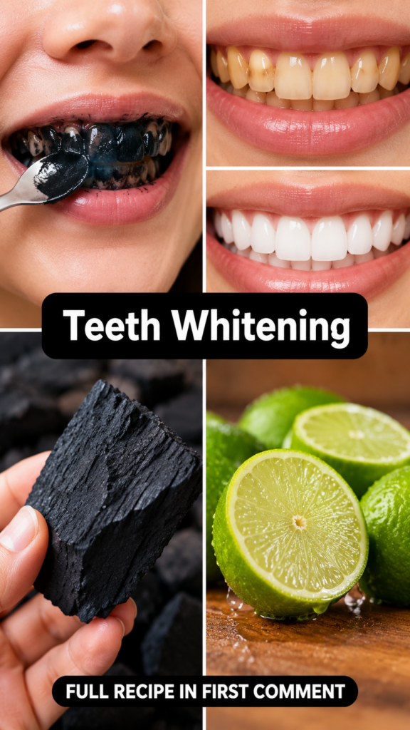 A vertical collage demonstrating natural teeth whitening Top-left shows a person applying black charcoal paste to teeth 